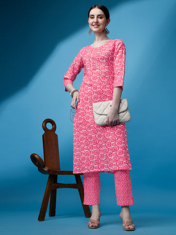 Pink Cotton Round Neck A-Line Kurti with Pant