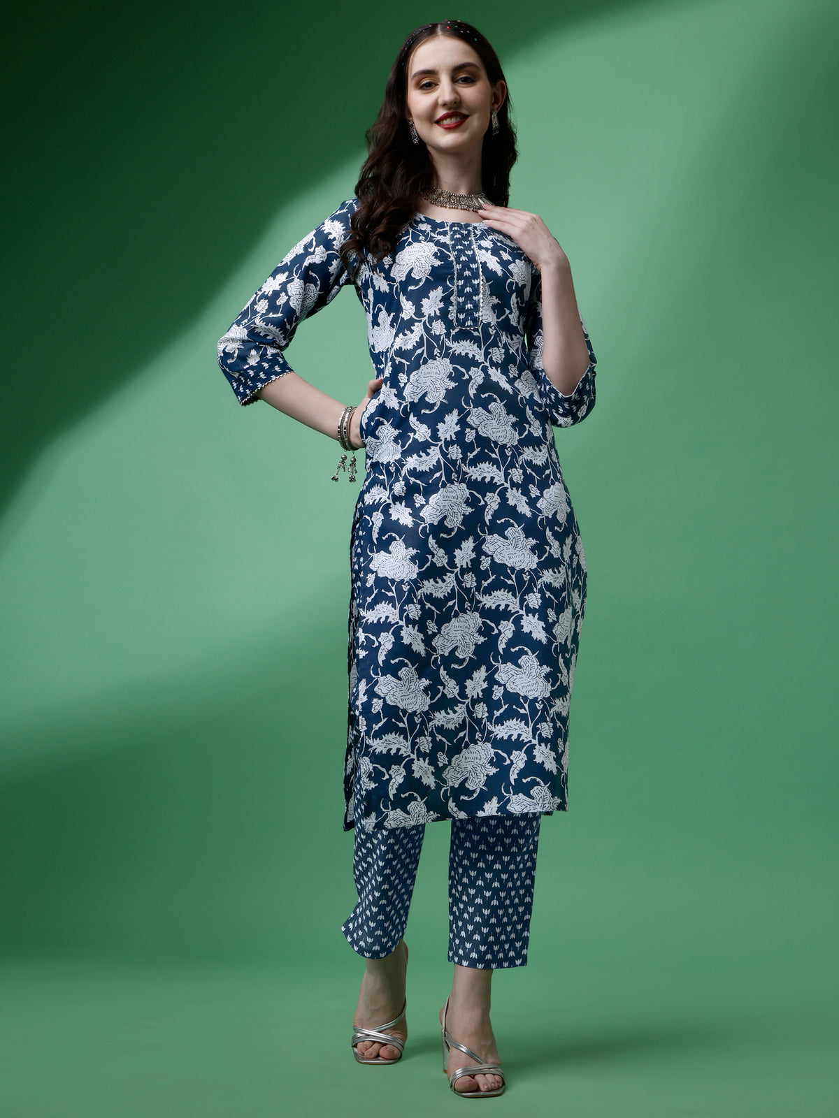 Navy Blue Cotton Round Neck A-Line Kurti with Pant