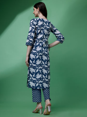 Navy Blue Cotton Round Neck A-Line Kurti with Pant