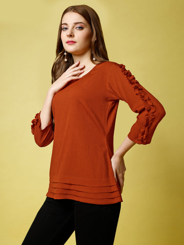 Rust Orange Polyester Casual Regular Top With Round Neck and 3/4 Sleeve