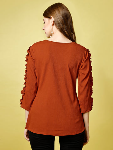 Rust Orange Polyester Casual Regular Top With Round Neck and 3/4 Sleeve