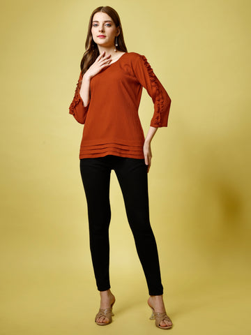 Rust Orange Polyester Casual Regular Top With Round Neck and 3/4 Sleeve