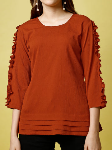 Rust Orange Polyester Casual Regular Top With Round Neck and 3/4 Sleeve