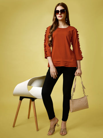 Rust Orange Polyester Casual Regular Top With Round Neck and 3/4 Sleeve