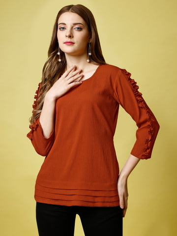 Rust Orange Polyester Casual Regular Top With Round Neck and 3/4 Sleeve