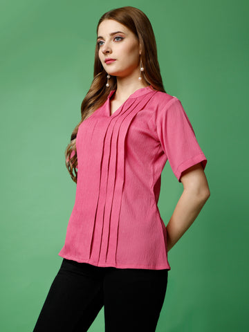 Pink Polyester Casual Regular Top With Collar Neck and Half Sleeve