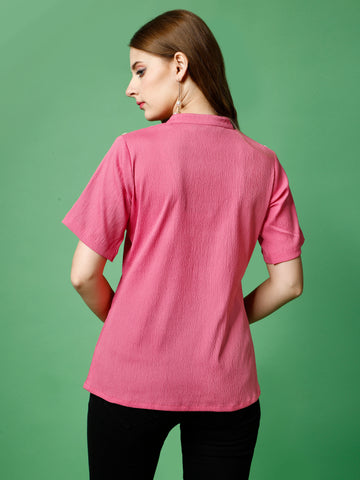 Pink Polyester Casual Regular Top With Collar Neck and Half Sleeve