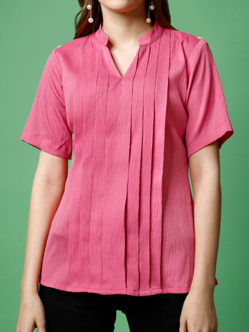 Pink Polyester Casual Regular Top With Collar Neck and Half Sleeve