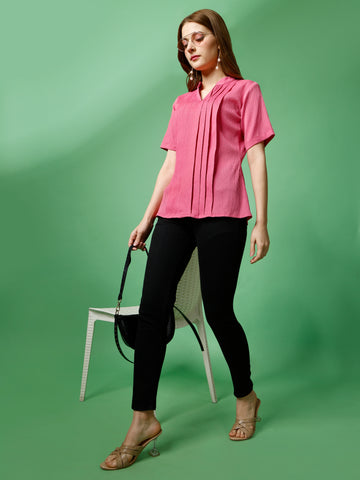 Pink Polyester Casual Regular Top With Collar Neck and Half Sleeve