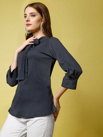 Dark Grey Polyester Casual Regular Top With V-Neck and 3/4 Sleeve