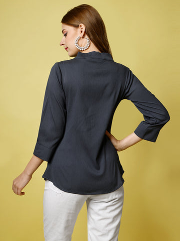 Dark Grey Polyester Casual Regular Top With V-Neck and 3/4 Sleeve