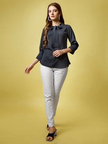 Dark Grey Polyester Casual Regular Top With V-Neck and 3/4 Sleeve