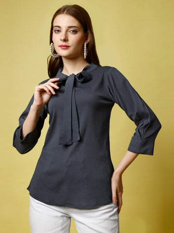 Dark Grey Polyester Casual Regular Top With V-Neck and 3/4 Sleeve