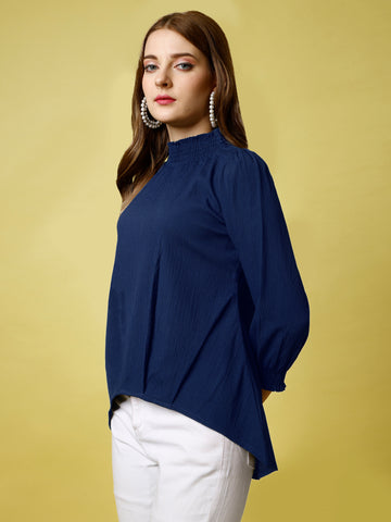 Navy Blue Polyester Casual Regular Top With Turtle Neck and 3/4 Sleeve