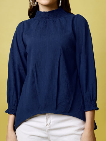 Navy Blue Polyester Casual Regular Top With Turtle Neck and 3/4 Sleeve