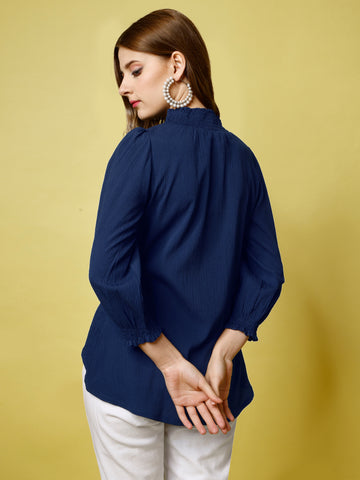 Navy Blue Polyester Casual Regular Top With Turtle Neck and 3/4 Sleeve