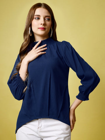 Navy Blue Polyester Casual Regular Top With Turtle Neck and 3/4 Sleeve