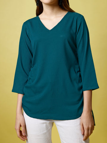 Rama Green Polyester Casual Regular Top With V-Neck and 3/4 Sleeve