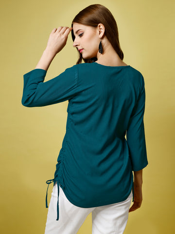 Rama Green Polyester Casual Regular Top With V-Neck and 3/4 Sleeve