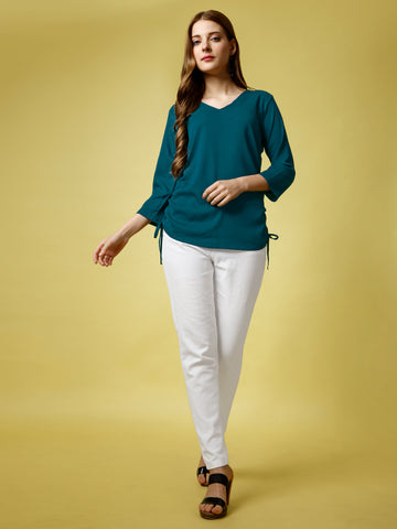 Rama Green Polyester Casual Regular Top With V-Neck and 3/4 Sleeve