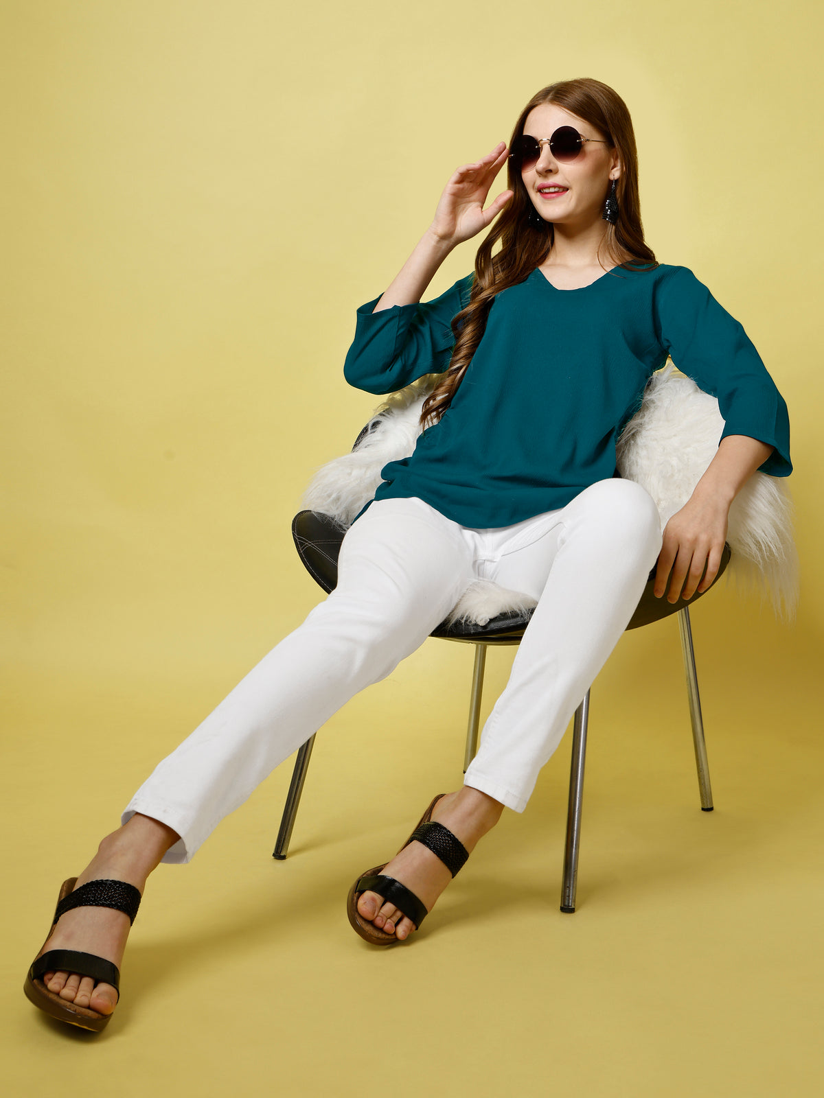 Rama Green Polyester Casual Regular Top With V-Neck and 3/4 Sleeve