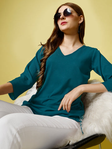 Rama Green Polyester Casual Regular Top With V-Neck and 3/4 Sleeve