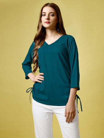 Rama Green Polyester Casual Regular Top With V-Neck and 3/4 Sleeve