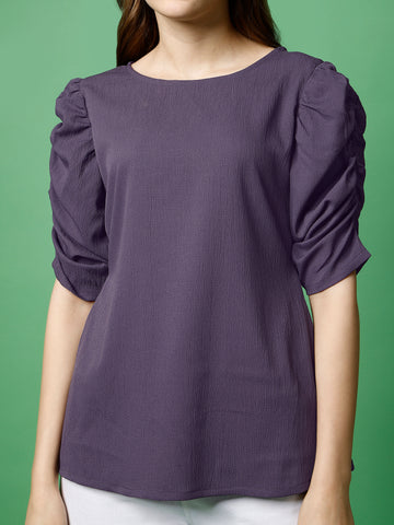 Lavender Polyester Casual Regular Top With Round Neck and Half Sleeve