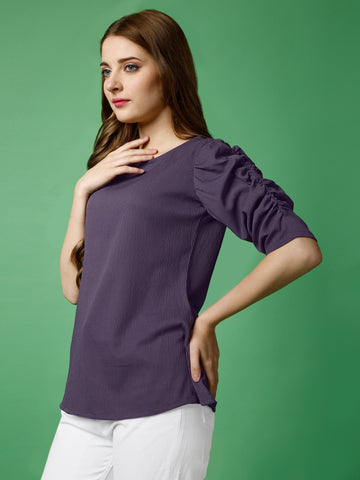 Lavender Polyester Casual Regular Top With Round Neck and Half Sleeve