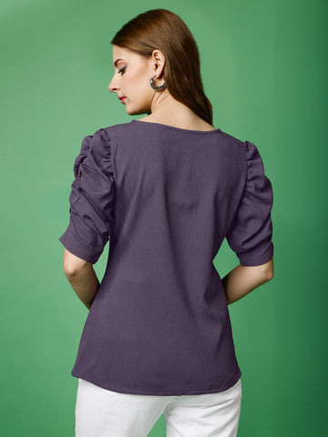 Lavender Polyester Casual Regular Top With Round Neck and Half Sleeve