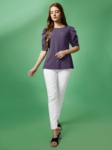 Lavender Polyester Casual Regular Top With Round Neck and Half Sleeve