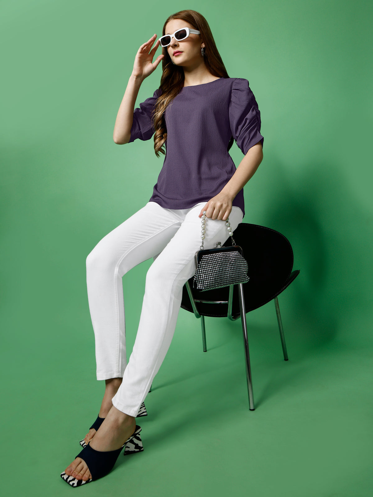 Lavender Polyester Casual Regular Top With Round Neck and Half Sleeve