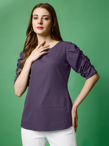 Lavender Polyester Casual Regular Top With Round Neck and Half Sleeve