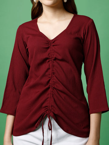 Maroon Polyester Casual Regular Top With Sweetheart Neck and 3/4 Sleeve