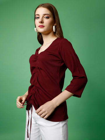 Maroon Polyester Casual Regular Top With Sweetheart Neck and 3/4 Sleeve