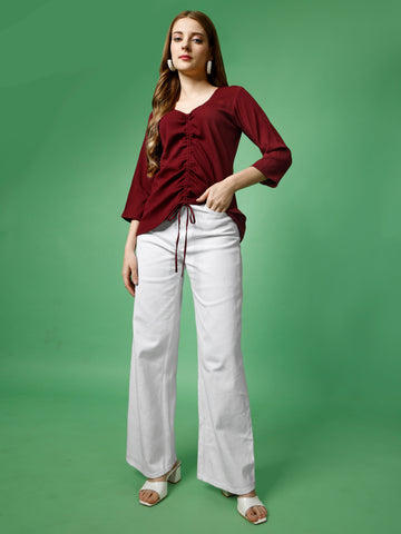 Maroon Polyester Casual Regular Top With Sweetheart Neck and 3/4 Sleeve