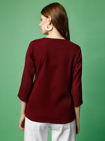 Maroon Polyester Casual Regular Top With Sweetheart Neck and 3/4 Sleeve