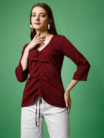 Maroon Polyester Casual Regular Top With Sweetheart Neck and 3/4 Sleeve