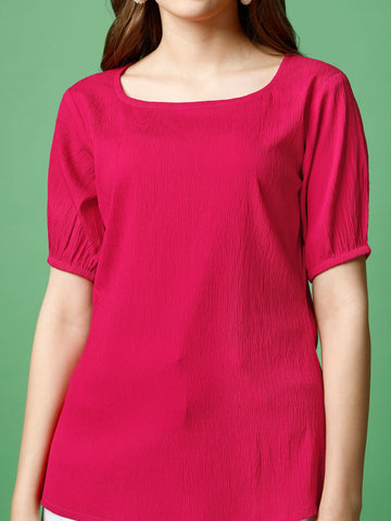 Hot Pink Polyester Casual Regular Top With Square Neck and Half Sleeve