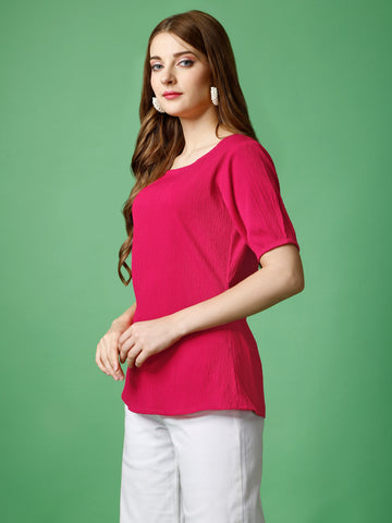 Hot Pink Polyester Casual Regular Top With Square Neck and Half Sleeve