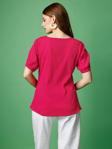 Hot Pink Polyester Casual Regular Top With Square Neck and Half Sleeve