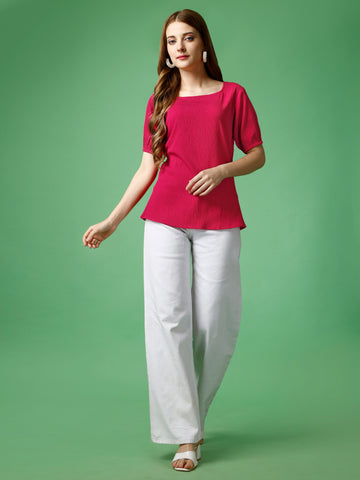 Hot Pink Polyester Casual Regular Top With Square Neck and Half Sleeve