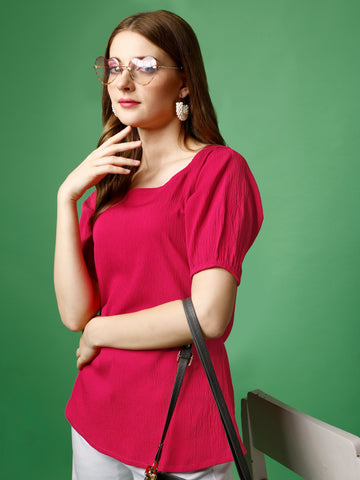 Hot Pink Polyester Casual Regular Top With Square Neck and Half Sleeve