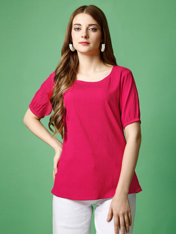 Hot Pink Polyester Casual Regular Top With Square Neck and Half Sleeve