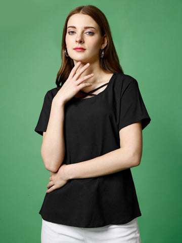 Black Polyester Casual Regular Top With Round Neck and Half Sleeve