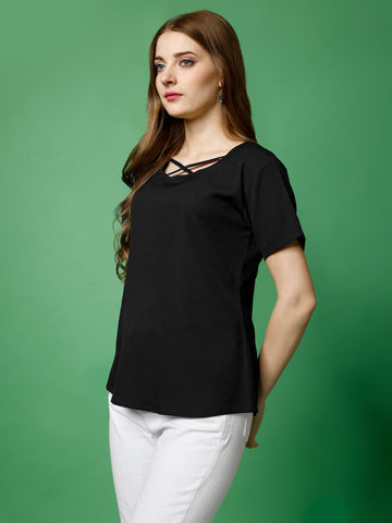 Black Polyester Casual Regular Top With Round Neck and Half Sleeve