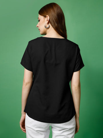 Black Polyester Casual Regular Top With Round Neck and Half Sleeve