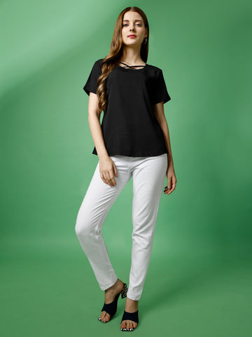 Black Polyester Casual Regular Top With Round Neck and Half Sleeve