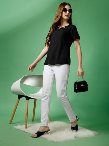 Black Polyester Casual Regular Top With Round Neck and Half Sleeve