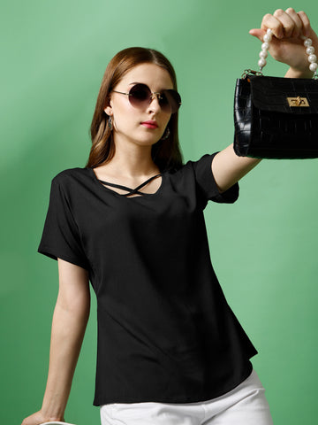 Black Polyester Casual Regular Top With Round Neck and Half Sleeve